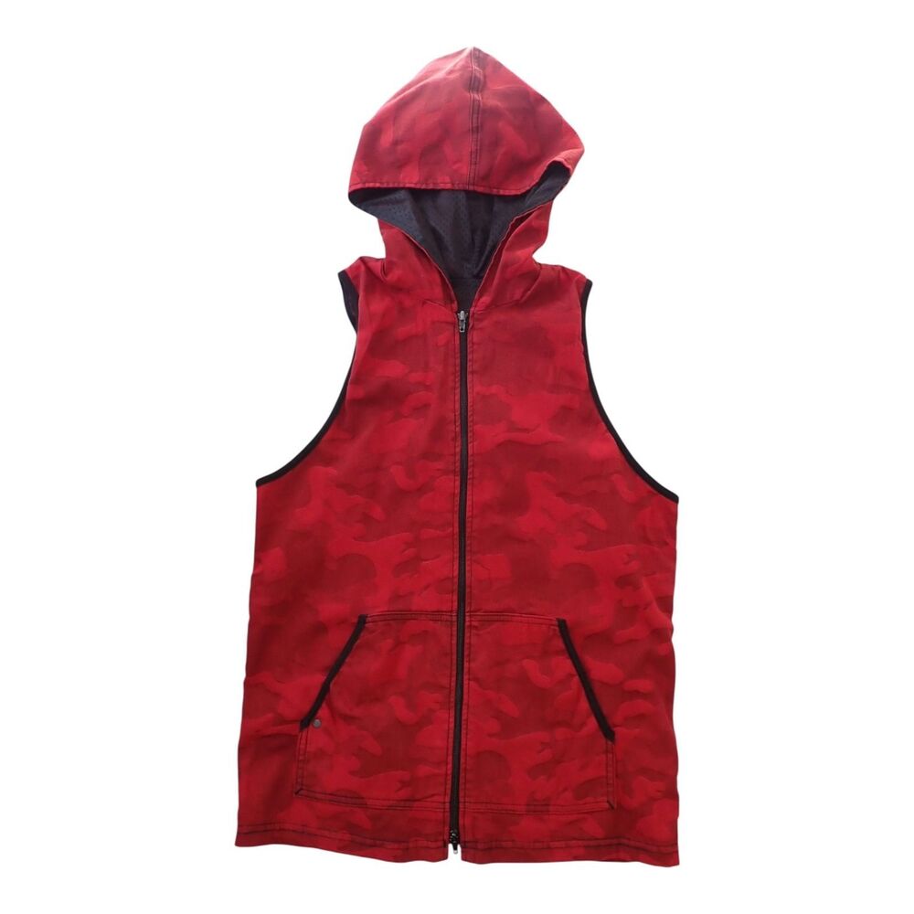 Rufskin Denim Hoodie Vest M Red Camo Sleeveless Zip Hooded Mesh Lined Streetwear